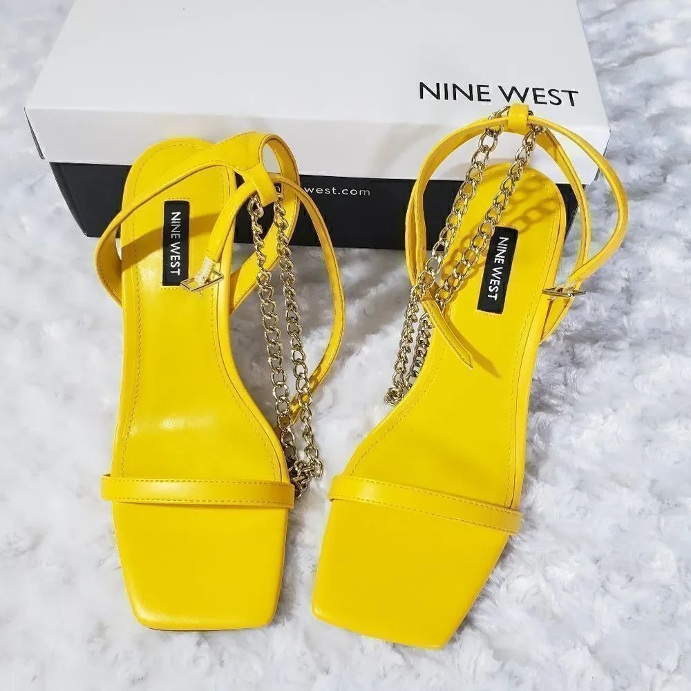 Nine West 7M yellow Tallo Ankle Strap Sandals with metallic chain decoration